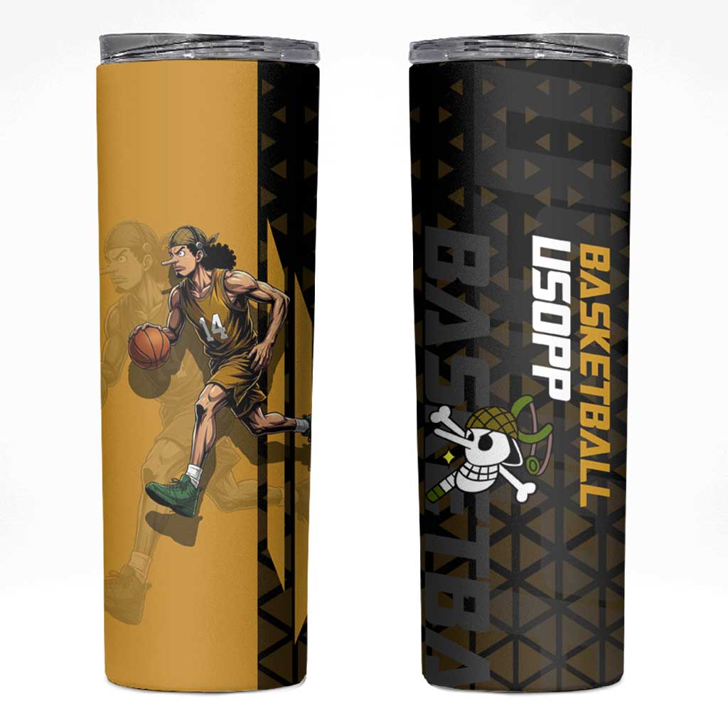 Usopp One Piece Basketball Theme Yellow and Black Design Skinny Tumbler with Sniper Emblem and Action Pose - The Mazicc