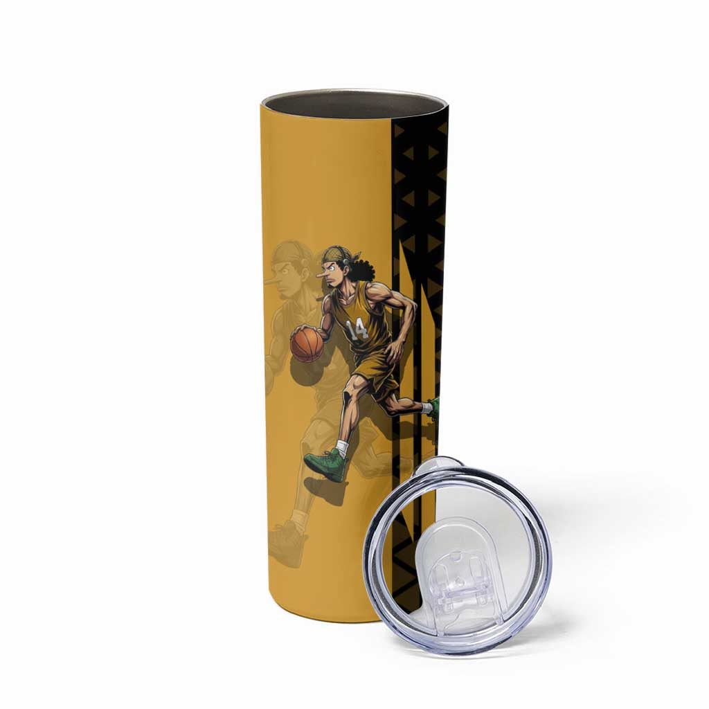 Usopp One Piece Basketball Theme Yellow and Black Design Skinny Tumbler with Sniper Emblem and Action Pose - The Mazicc