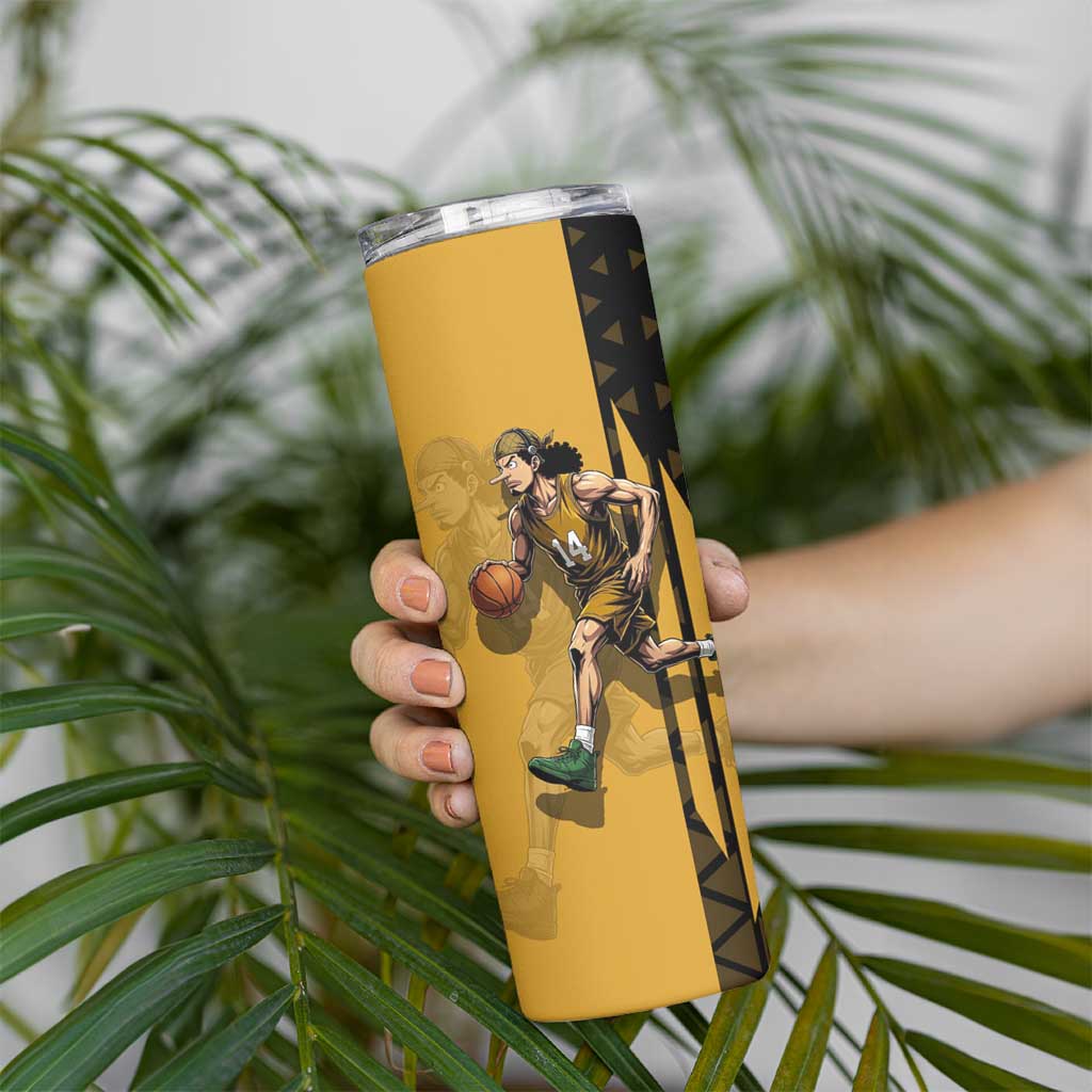 Usopp One Piece Basketball Theme Yellow and Black Design Skinny Tumbler with Sniper Emblem and Action Pose - The Mazicc