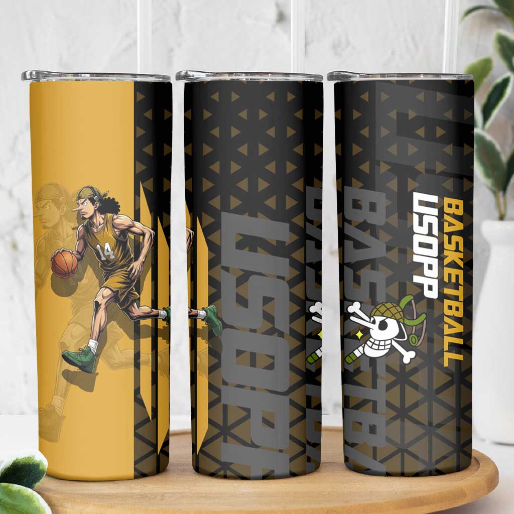 Usopp One Piece Basketball Theme Yellow and Black Design Skinny Tumbler with Sniper Emblem and Action Pose - The Mazicc