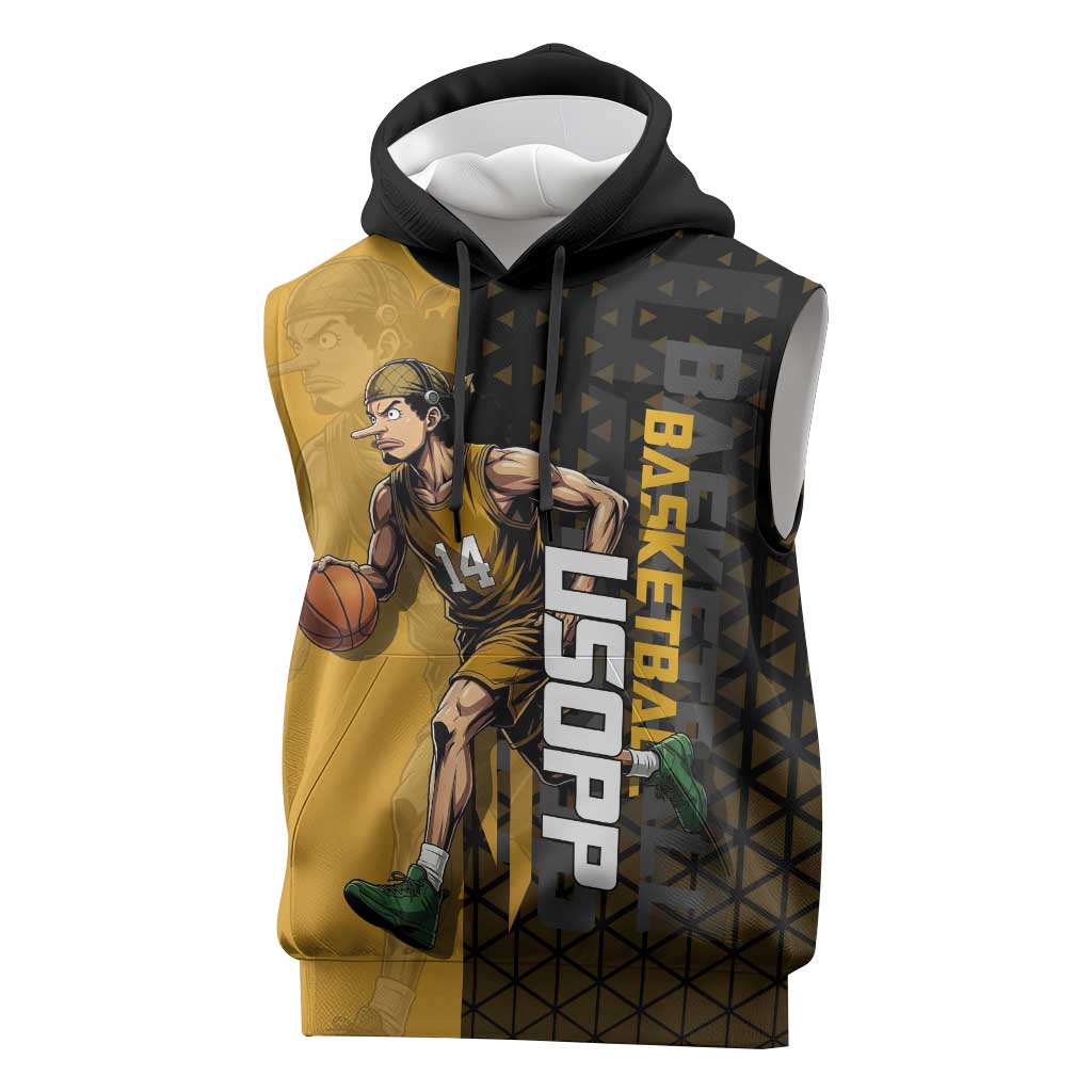 Usopp One Piece Basketball Theme Yellow and Black Design Sleeveless Hoodie with Sniper Emblem and Action Pose - The Mazicc