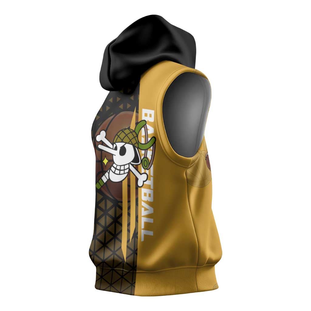 Usopp One Piece Basketball Theme Yellow and Black Design Sleeveless Hoodie with Sniper Emblem and Action Pose - The Mazicc