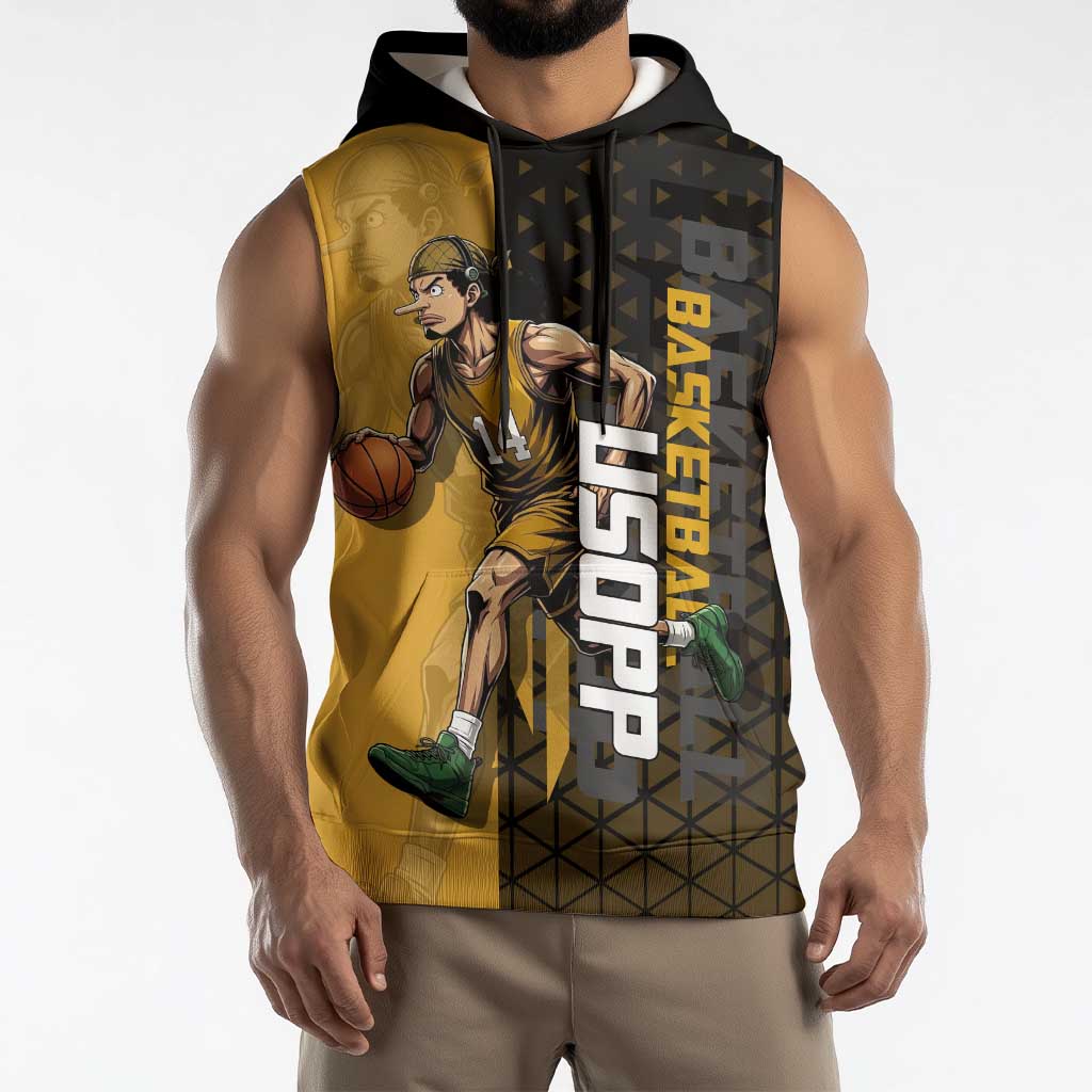 Usopp One Piece Basketball Theme Yellow and Black Design Sleeveless Hoodie with Sniper Emblem and Action Pose - The Mazicc