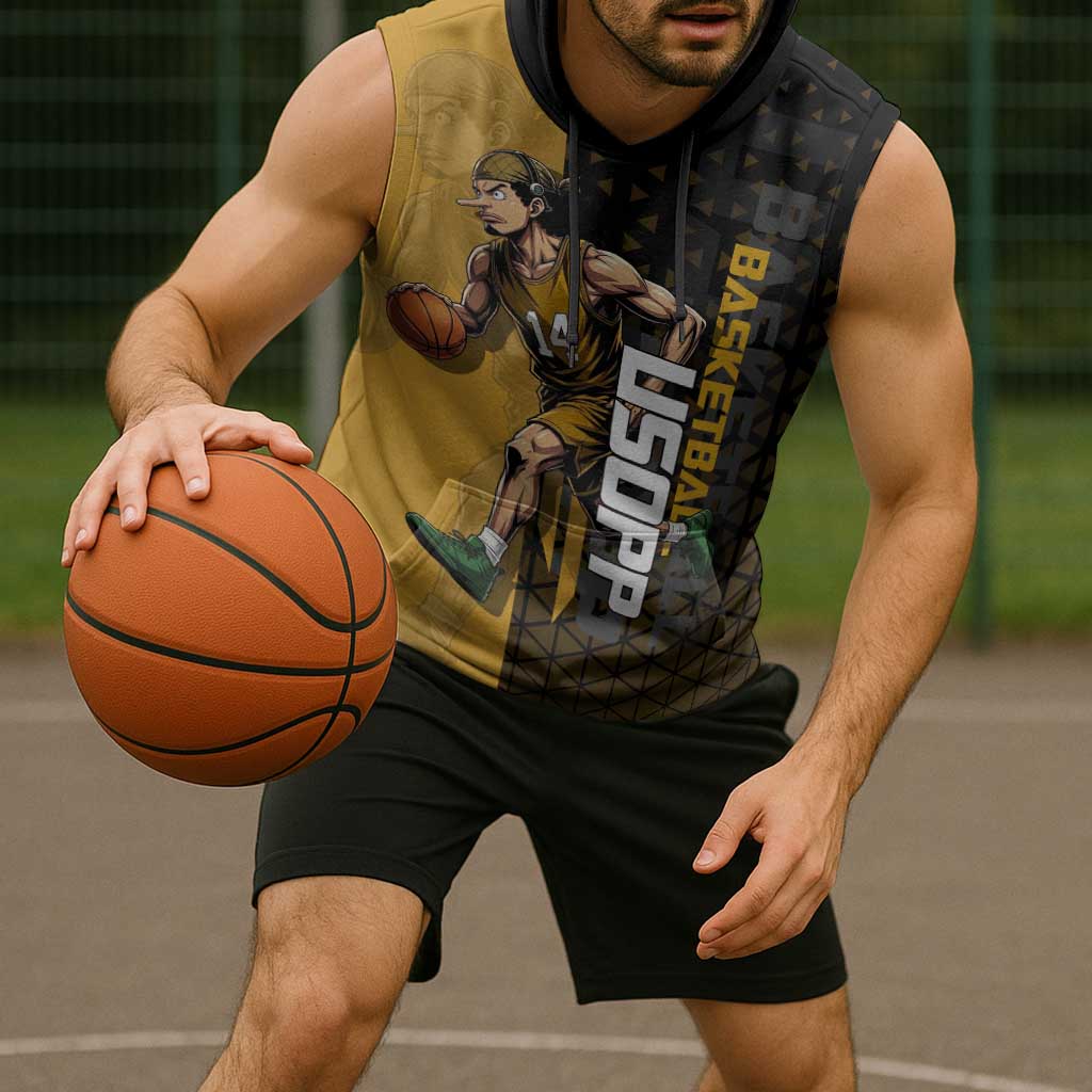 Usopp One Piece Basketball Theme Yellow and Black Design Sleeveless Hoodie with Sniper Emblem and Action Pose - The Mazicc