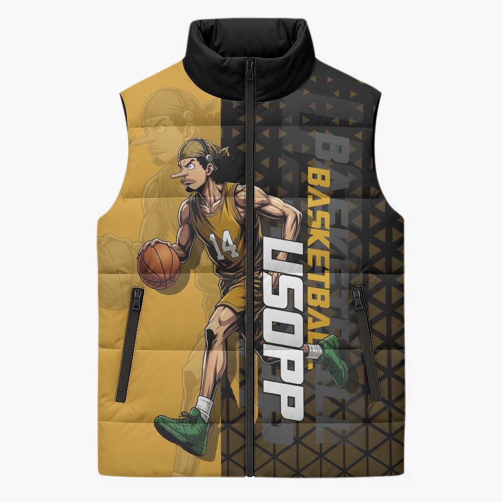 Usopp One Piece Basketball Theme Yellow and Black Design Sleeveless Puffer Jacket with Sniper Emblem and Action Pose - The Mazicc