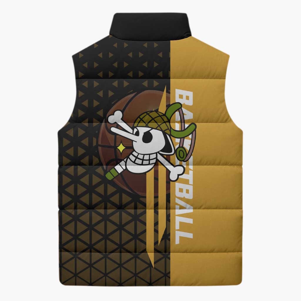 Usopp One Piece Basketball Theme Yellow and Black Design Sleeveless Puffer Jacket with Sniper Emblem and Action Pose - The Mazicc