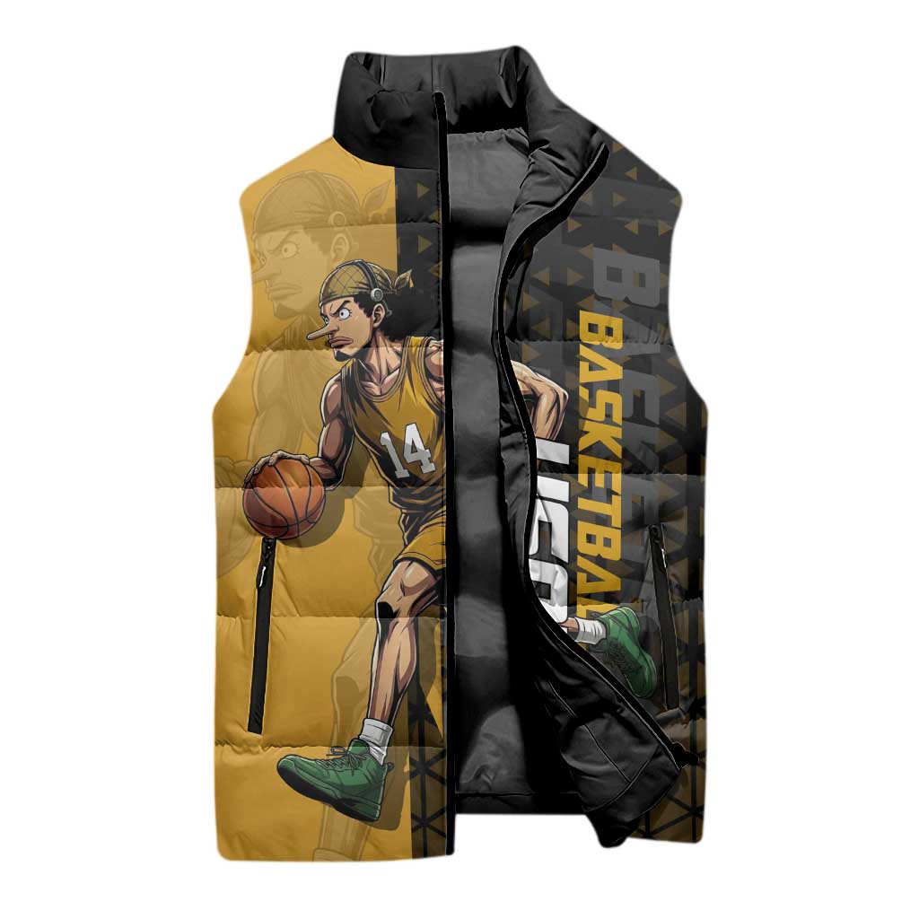 Usopp One Piece Basketball Theme Yellow and Black Design Sleeveless Puffer Jacket with Sniper Emblem and Action Pose - The Mazicc