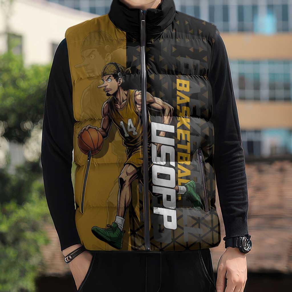 Usopp One Piece Basketball Theme Yellow and Black Design Sleeveless Puffer Jacket with Sniper Emblem and Action Pose - The Mazicc