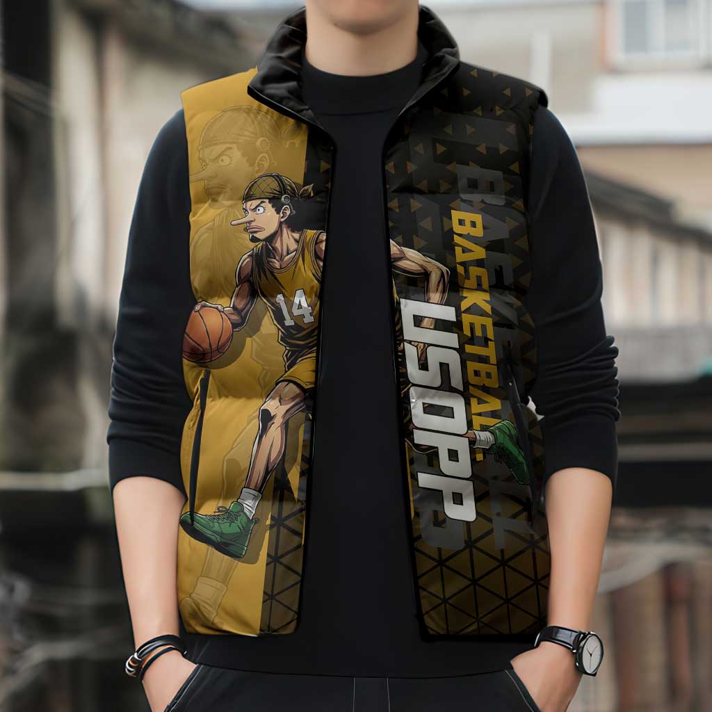 Usopp One Piece Basketball Theme Yellow and Black Design Sleeveless Puffer Jacket with Sniper Emblem and Action Pose - The Mazicc