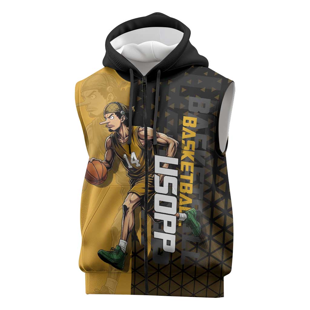 Usopp One Piece Basketball Theme Yellow and Black Design Sleeveless Zip Hoodie with Sniper Emblem and Action Pose - The Mazicc