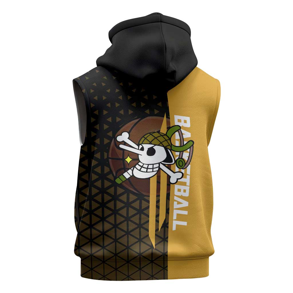 Usopp One Piece Basketball Theme Yellow and Black Design Sleeveless Zip Hoodie with Sniper Emblem and Action Pose - The Mazicc