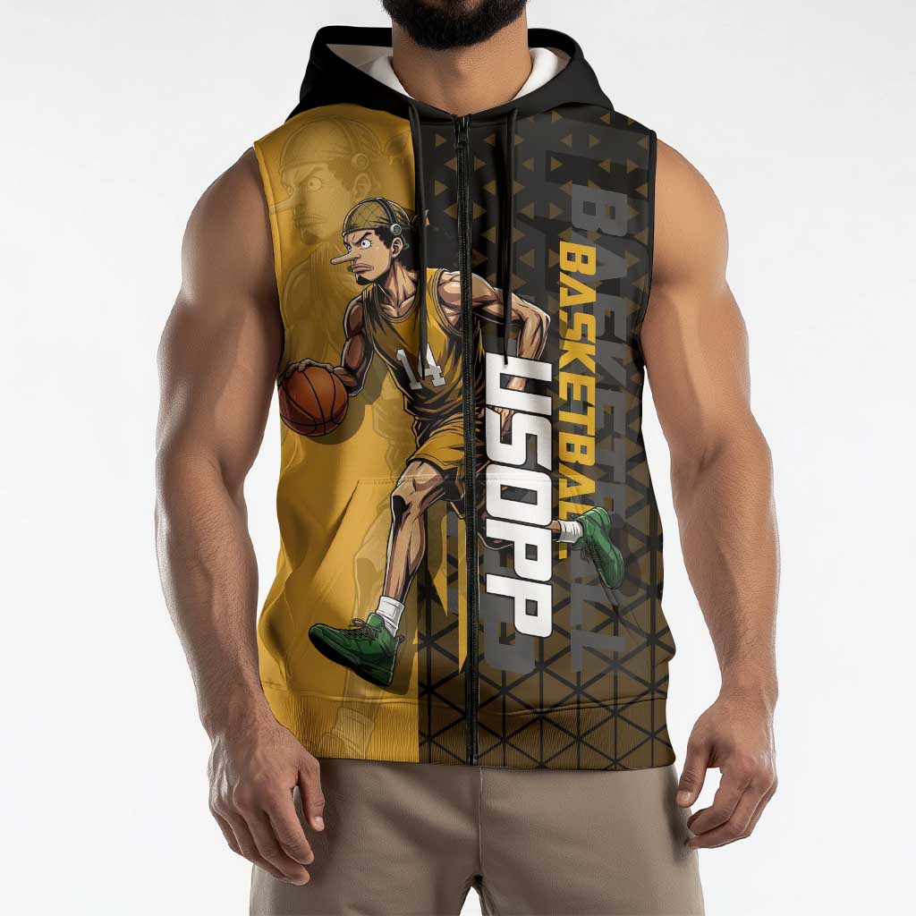 Usopp One Piece Basketball Theme Yellow and Black Design Sleeveless Zip Hoodie with Sniper Emblem and Action Pose - The Mazicc