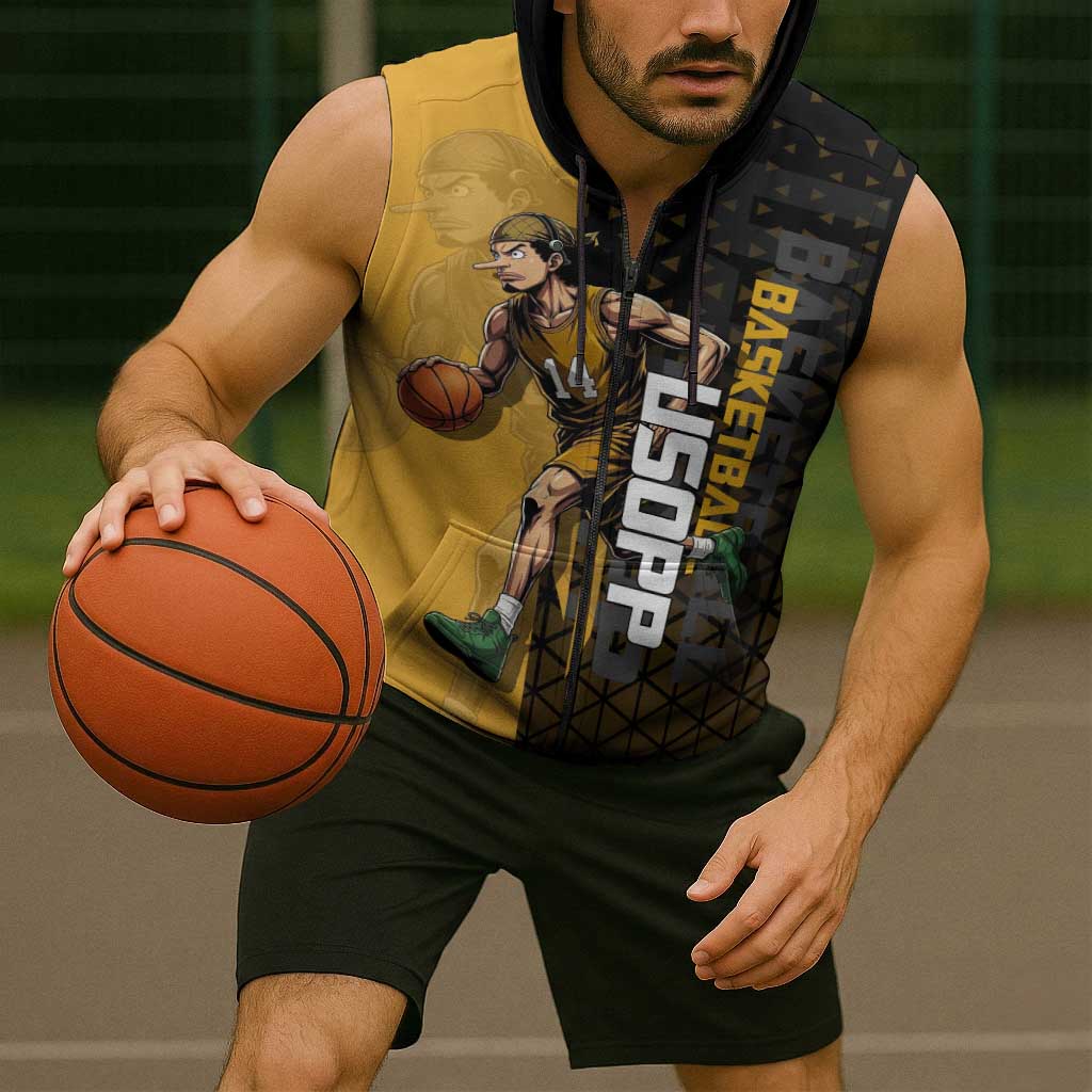 Usopp One Piece Basketball Theme Yellow and Black Design Sleeveless Zip Hoodie with Sniper Emblem and Action Pose - The Mazicc