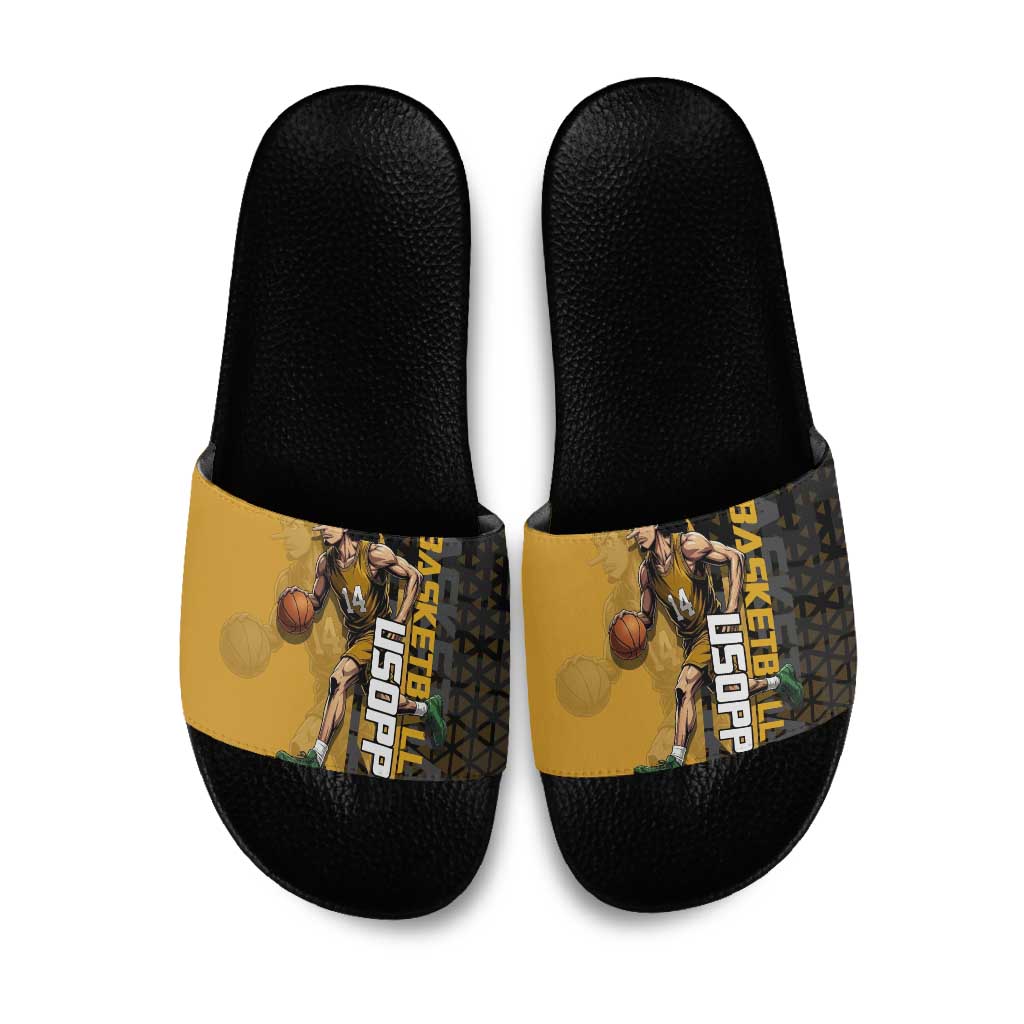 Usopp One Piece Basketball Theme Yellow and Black Design Slide Sandals with Sniper Emblem and Action Pose - The Mazicc