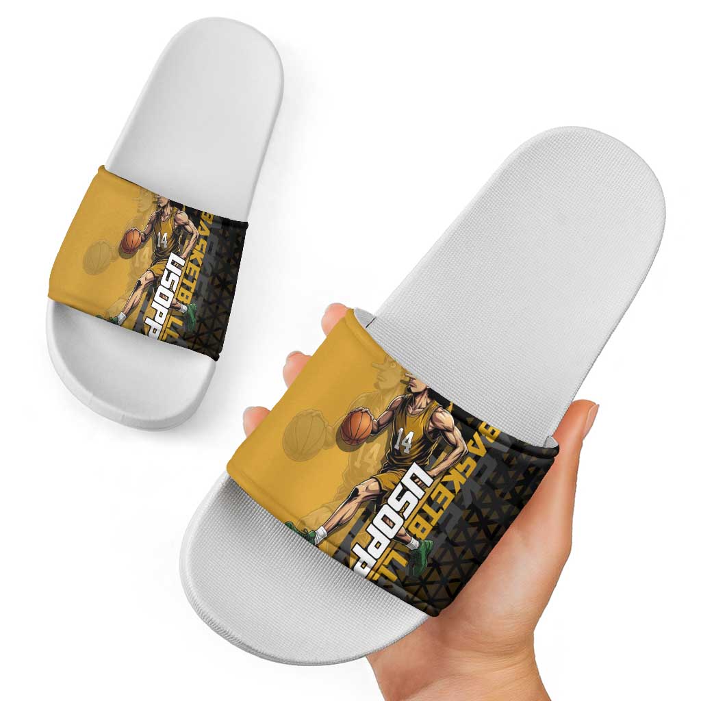 Usopp One Piece Basketball Theme Yellow and Black Design Slide Sandals with Sniper Emblem and Action Pose - The Mazicc