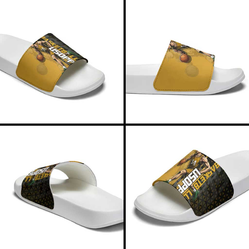 Usopp One Piece Basketball Theme Yellow and Black Design Slide Sandals with Sniper Emblem and Action Pose - The Mazicc