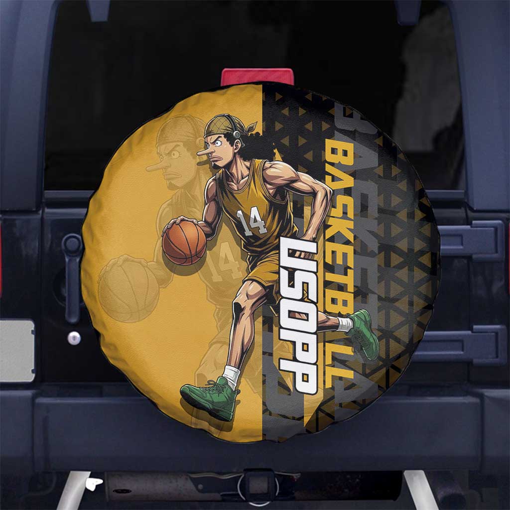 Usopp One Piece Basketball Theme Yellow and Black Design Spare Tire Cover with Sniper Emblem and Action Pose - The Mazicc