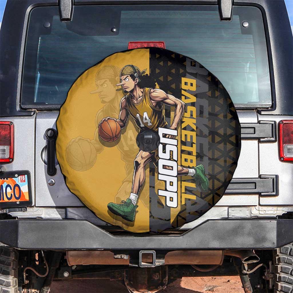 Usopp One Piece Basketball Theme Yellow and Black Design Spare Tire Cover with Sniper Emblem and Action Pose - The Mazicc