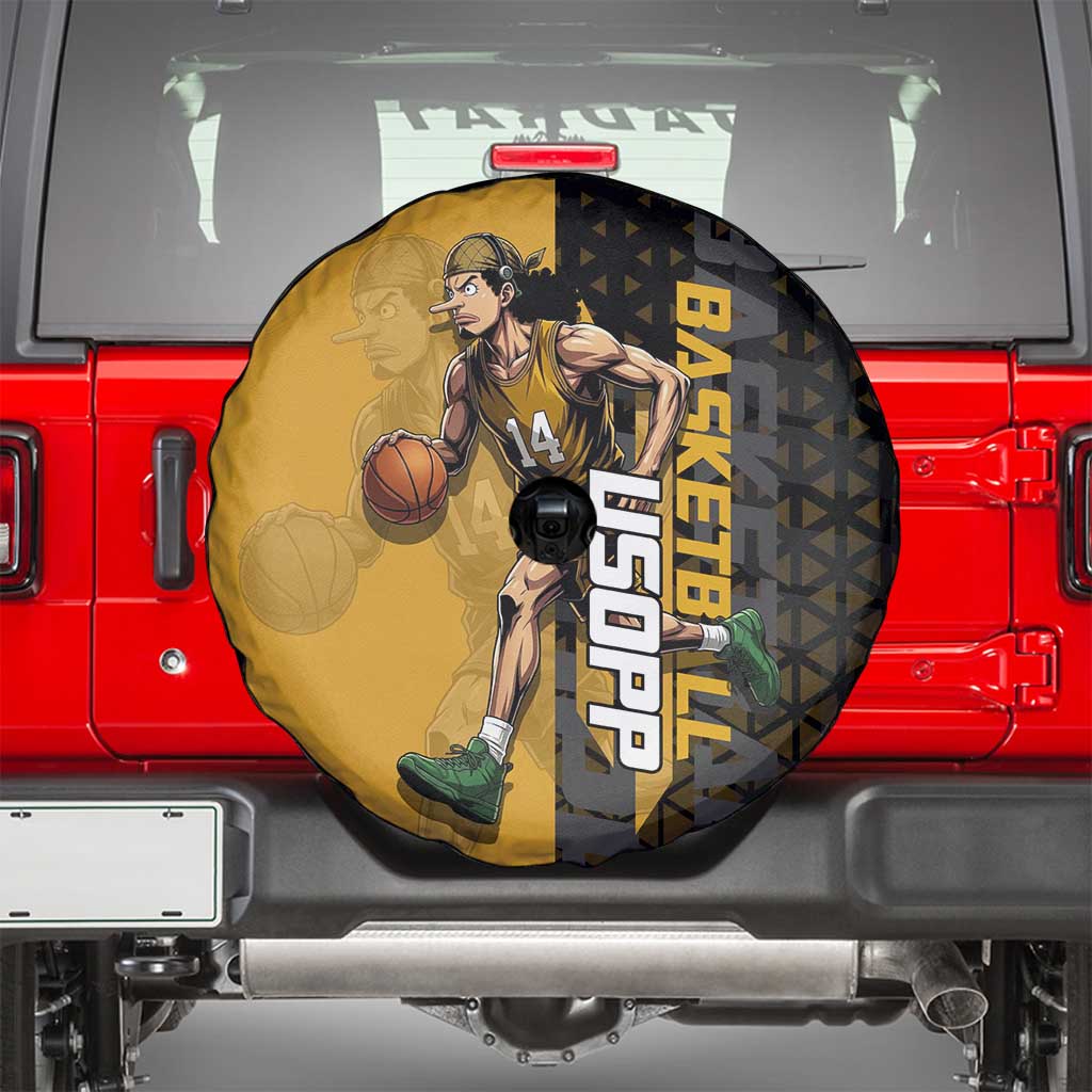 Usopp One Piece Basketball Theme Yellow and Black Design Spare Tire Cover with Sniper Emblem and Action Pose - The Mazicc