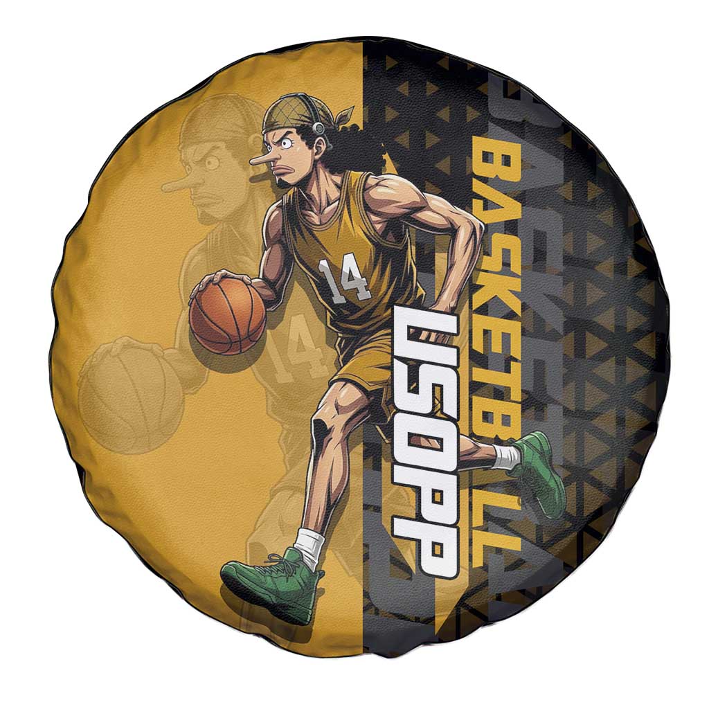 Usopp One Piece Basketball Theme Yellow and Black Design Spare Tire Cover with Sniper Emblem and Action Pose - The Mazicc