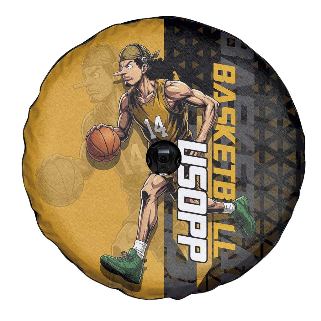 Usopp One Piece Basketball Theme Yellow and Black Design Spare Tire Cover with Sniper Emblem and Action Pose - The Mazicc