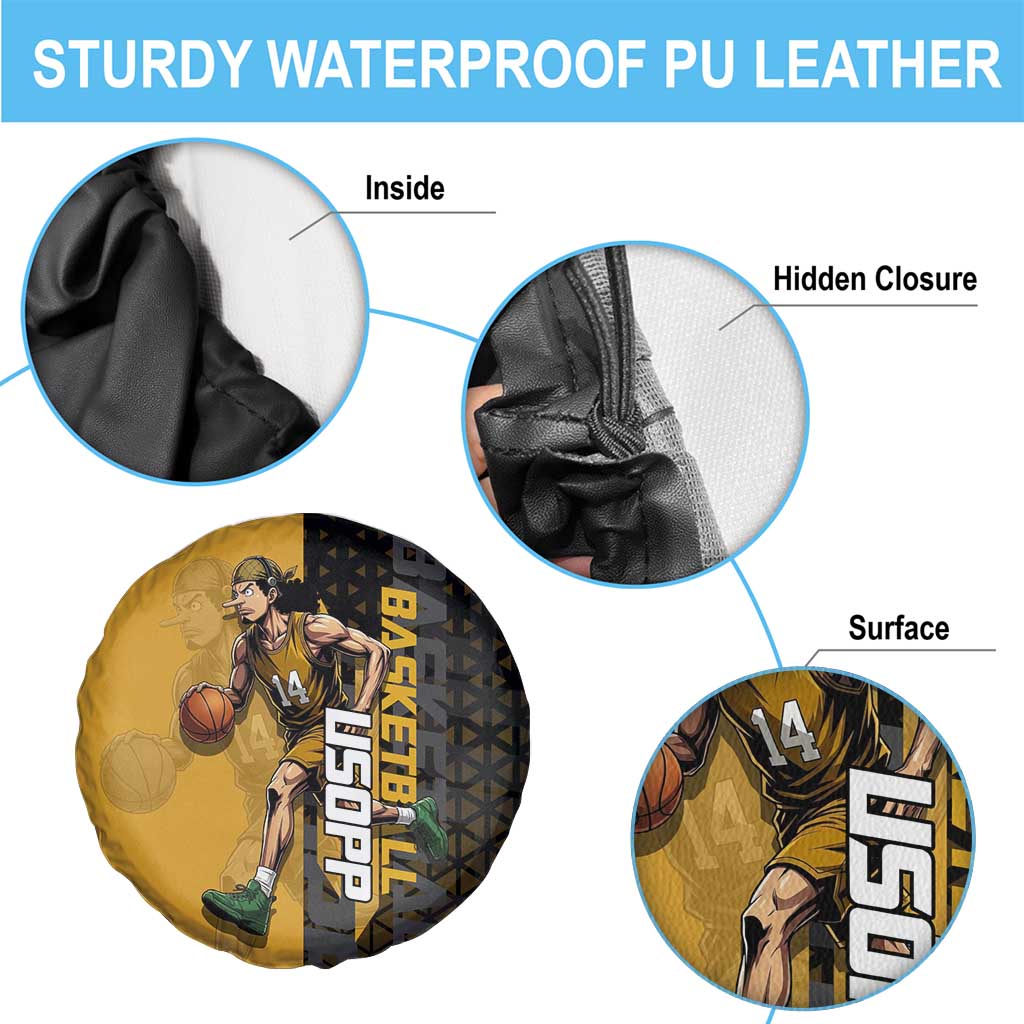 Usopp One Piece Basketball Theme Yellow and Black Design Spare Tire Cover with Sniper Emblem and Action Pose - The Mazicc