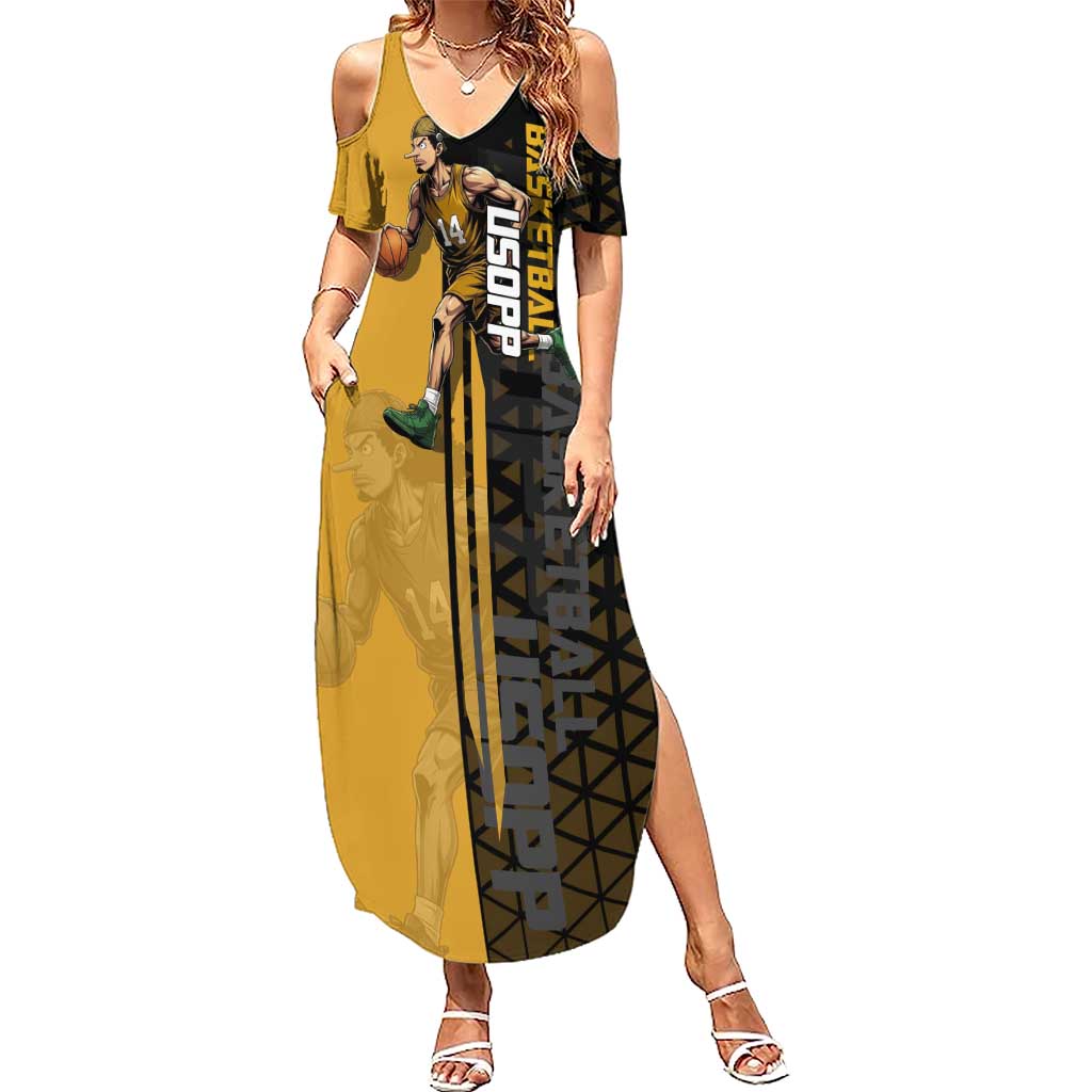 Usopp One Piece Basketball Theme Yellow and Black Design Summer Maxi Dress with Sniper Emblem and Action Pose - The Mazicc