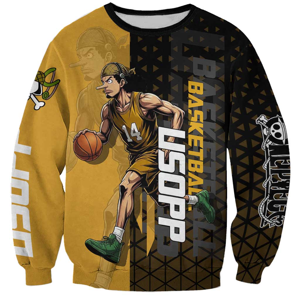 Usopp One Piece Basketball Theme Yellow and Black Design Sweatshirt with Sniper Emblem and Action Pose - The Mazicc