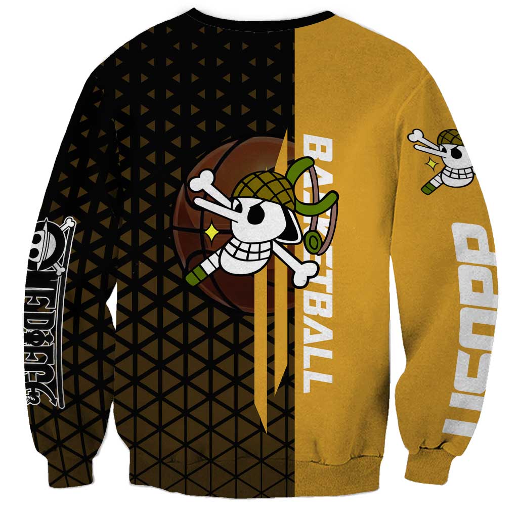 Usopp One Piece Basketball Theme Yellow and Black Design Sweatshirt with Sniper Emblem and Action Pose - The Mazicc