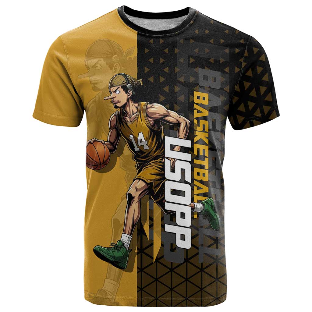 Usopp One Piece Basketball Theme Yellow and Black Design T Shirt with Sniper Emblem and Action Pose - The Mazicc