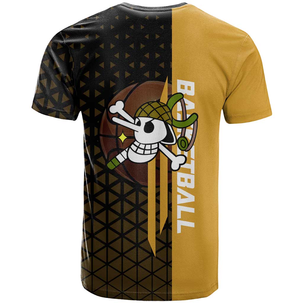 Usopp One Piece Basketball Theme Yellow and Black Design T Shirt with Sniper Emblem and Action Pose - The Mazicc