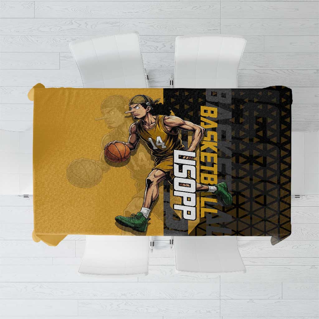 Usopp One Piece Basketball Theme Yellow and Black Design Tablecloth with Sniper Emblem and Action Pose - The Mazicc