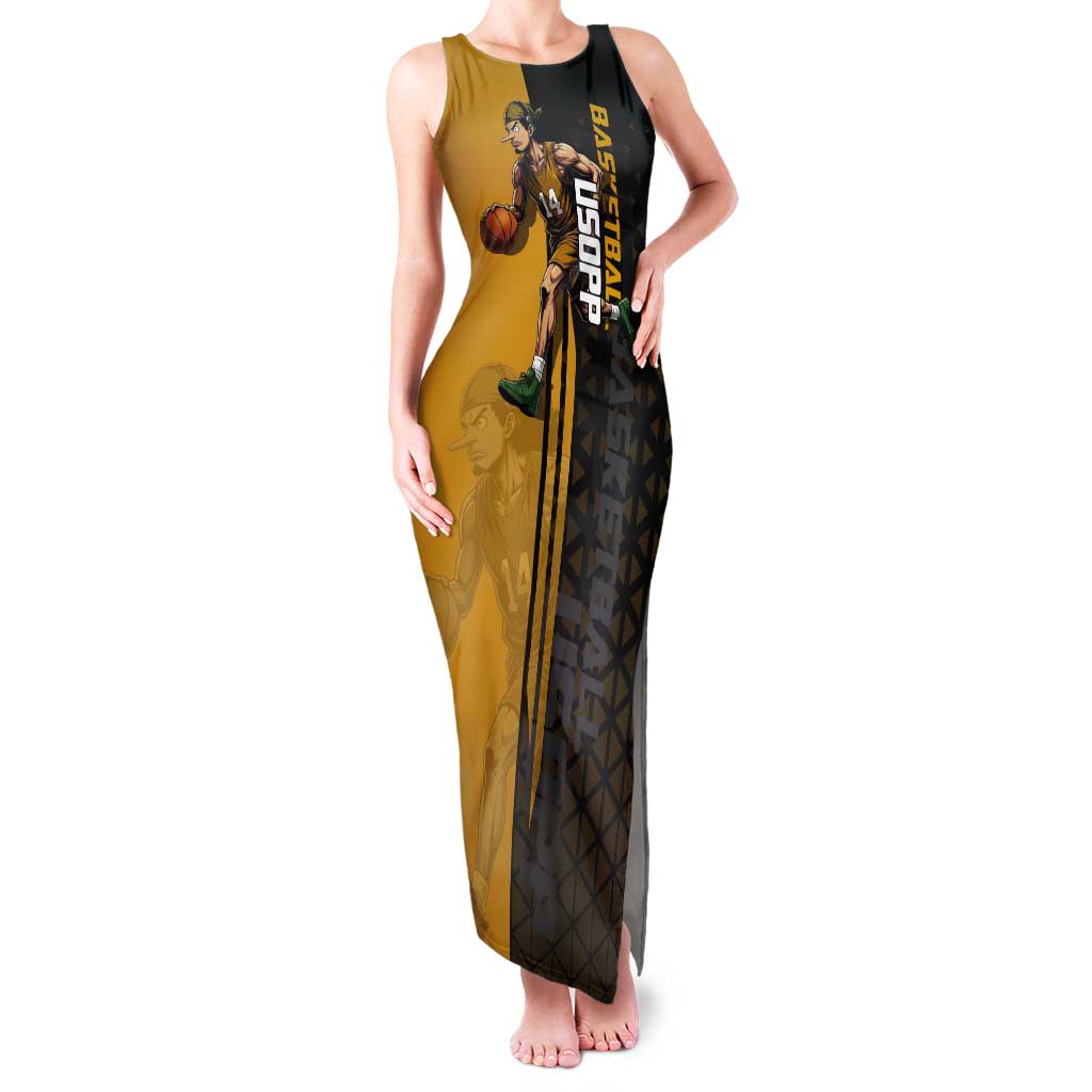 Usopp One Piece Basketball Theme Yellow and Black Design Tank Maxi Dress with Sniper Emblem and Action Pose - The Mazicc