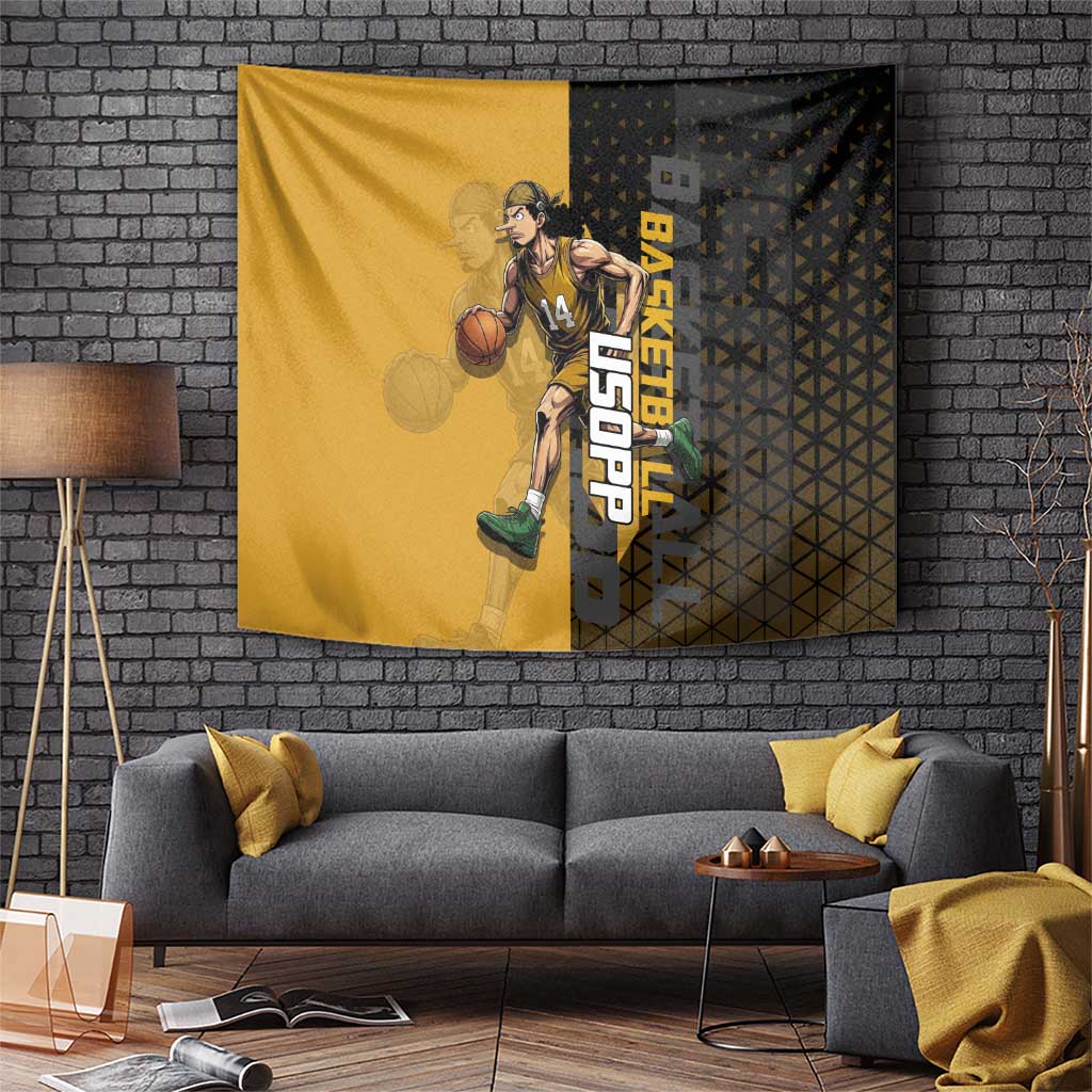 Usopp One Piece Basketball Theme Yellow and Black Design Tapestry with Sniper Emblem and Action Pose - The Mazicc