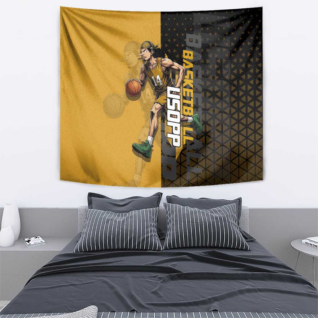 Usopp One Piece Basketball Theme Yellow and Black Design Tapestry with Sniper Emblem and Action Pose - The Mazicc