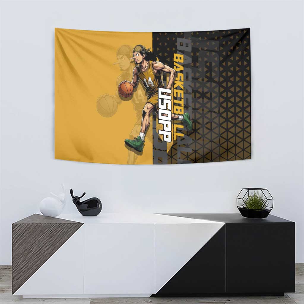 Usopp One Piece Basketball Theme Yellow and Black Design Tapestry with Sniper Emblem and Action Pose - The Mazicc