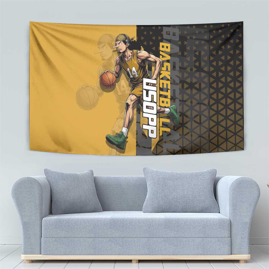 Usopp One Piece Basketball Theme Yellow and Black Design Tapestry with Sniper Emblem and Action Pose - The Mazicc
