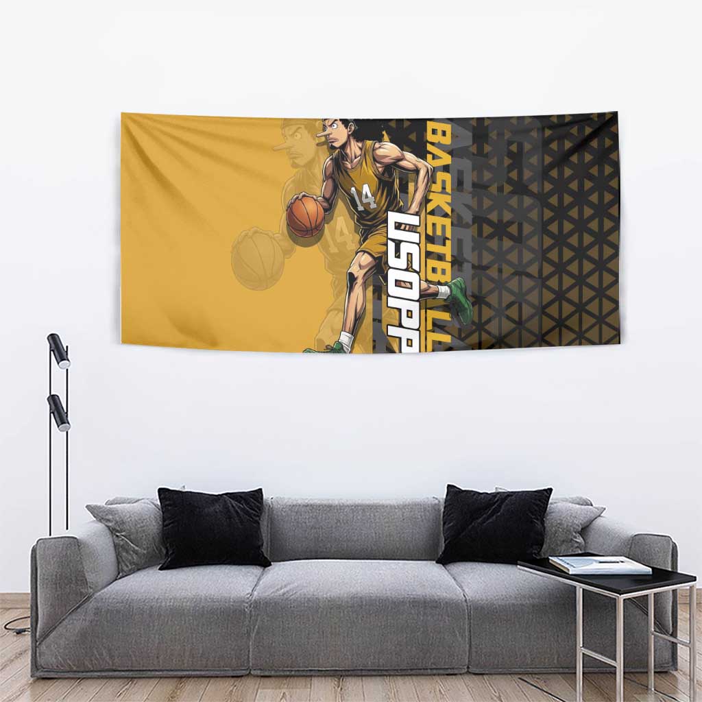 Usopp One Piece Basketball Theme Yellow and Black Design Tapestry with Sniper Emblem and Action Pose - The Mazicc