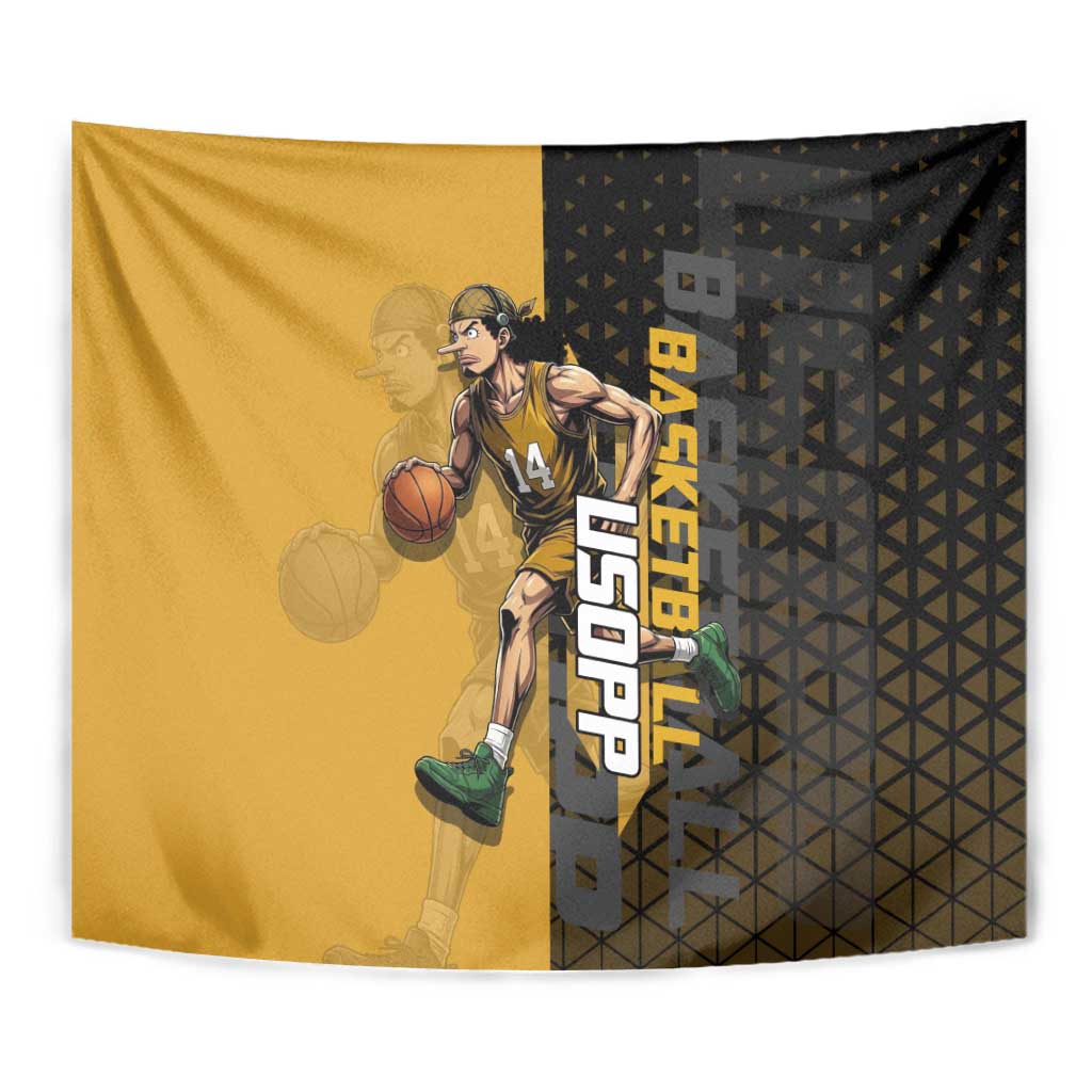 Usopp One Piece Basketball Theme Yellow and Black Design Tapestry with Sniper Emblem and Action Pose - The Mazicc