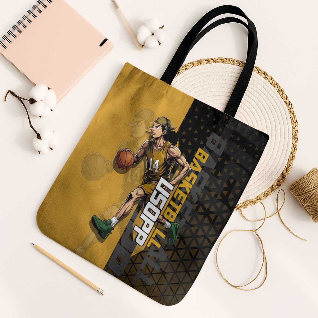 Usopp One Piece Basketball Theme Yellow and Black Design Tote Bag with Sniper Emblem and Action Pose - The Mazicc