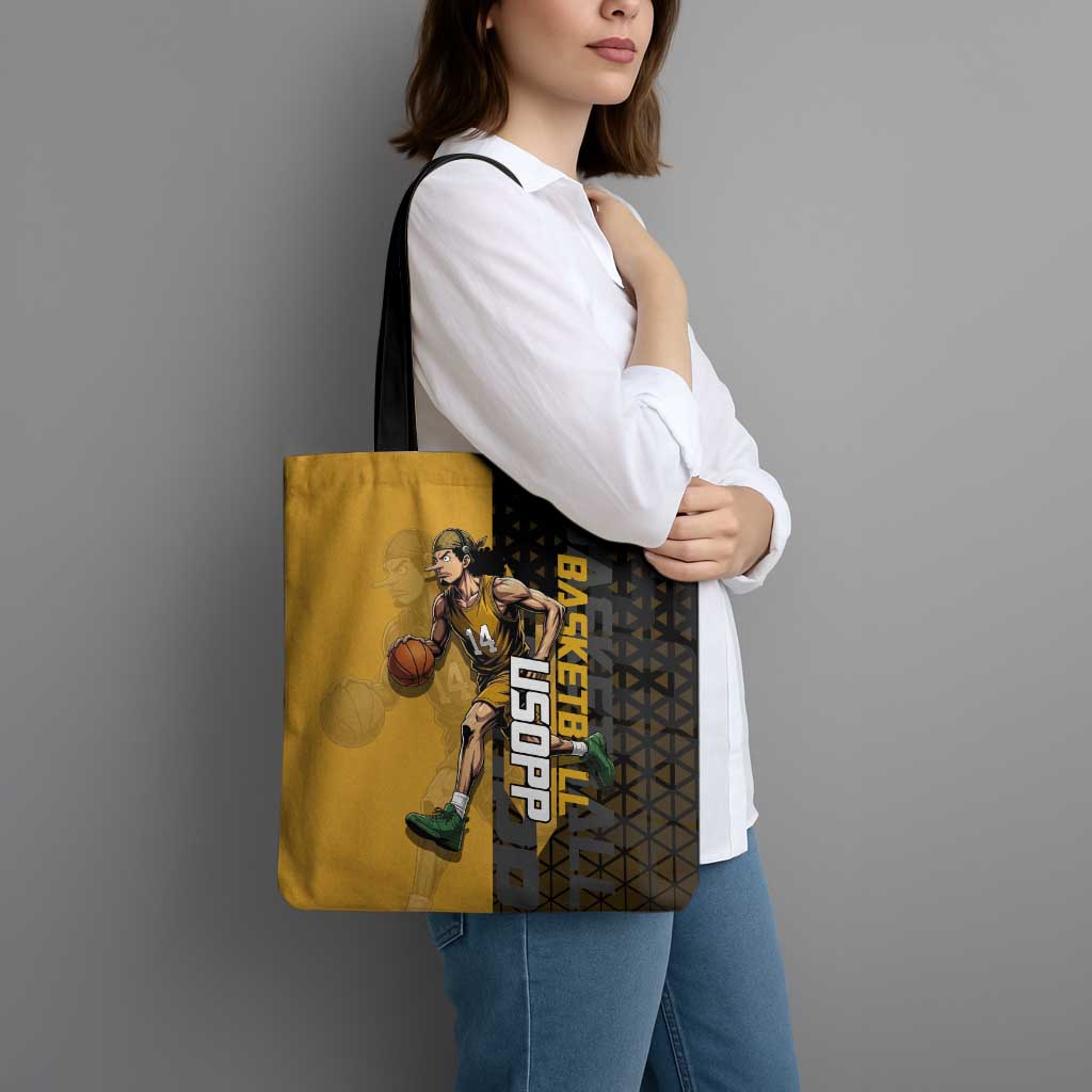 Usopp One Piece Basketball Theme Yellow and Black Design Tote Bag with Sniper Emblem and Action Pose - The Mazicc