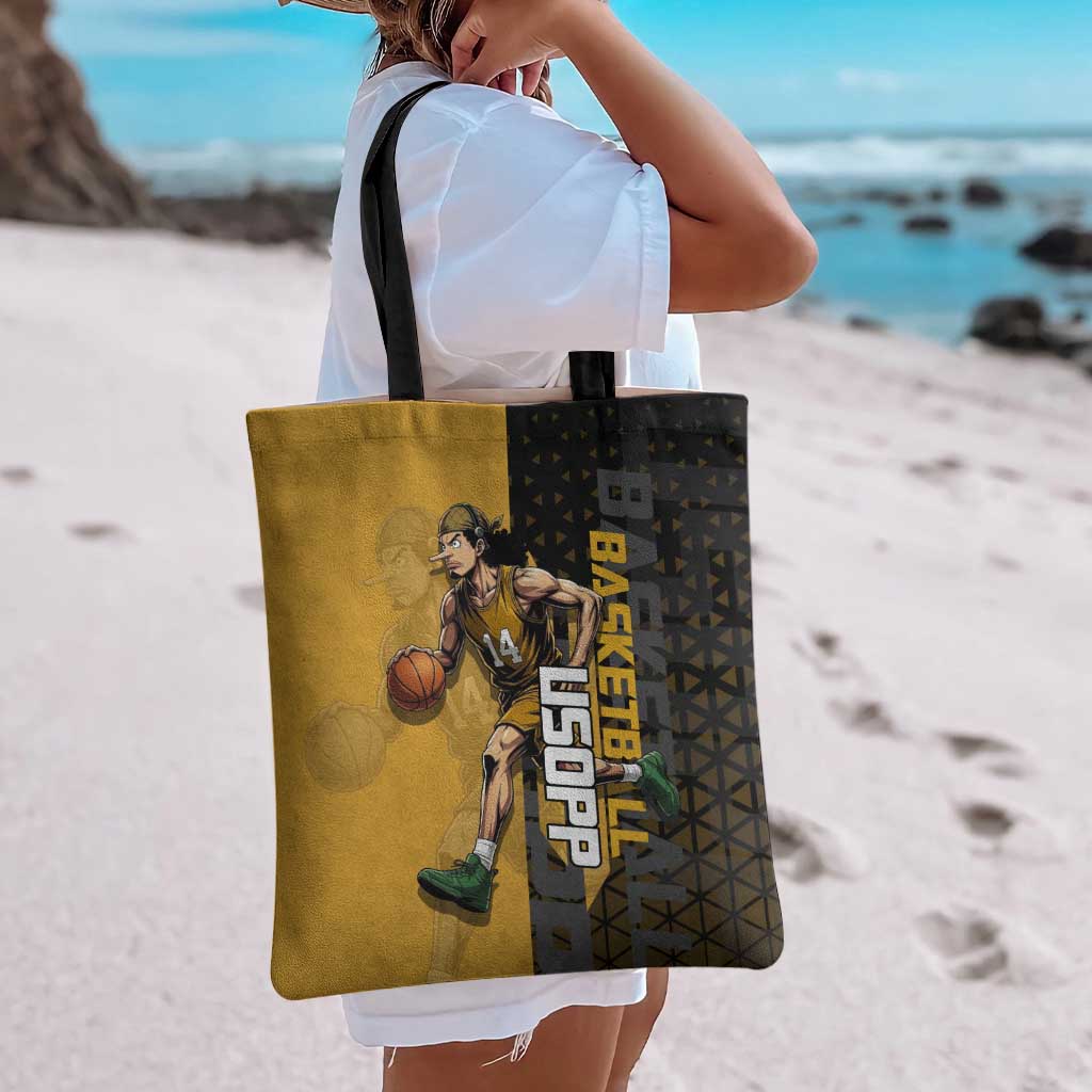 Usopp One Piece Basketball Theme Yellow and Black Design Tote Bag with Sniper Emblem and Action Pose - The Mazicc