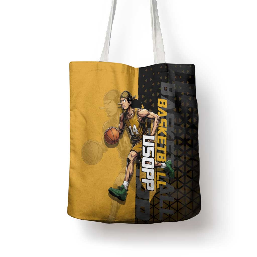 Usopp One Piece Basketball Theme Yellow and Black Design Tote Bag with Sniper Emblem and Action Pose - The Mazicc