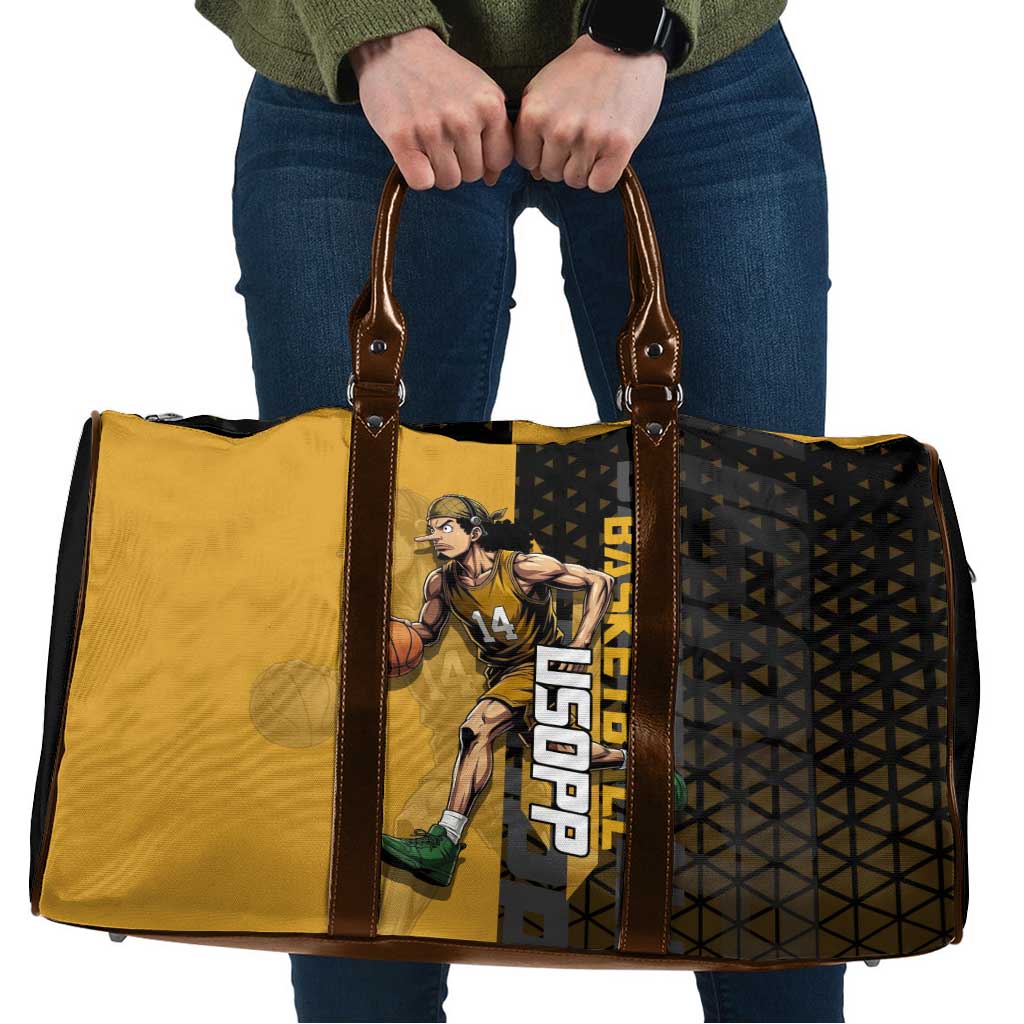 Usopp One Piece Basketball Theme Yellow and Black Design Travel Bag with Sniper Emblem and Action Pose - The Mazicc