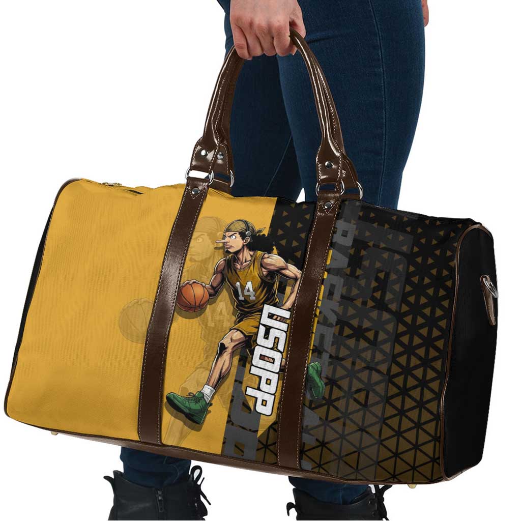 Usopp One Piece Basketball Theme Yellow and Black Design Travel Bag with Sniper Emblem and Action Pose - The Mazicc