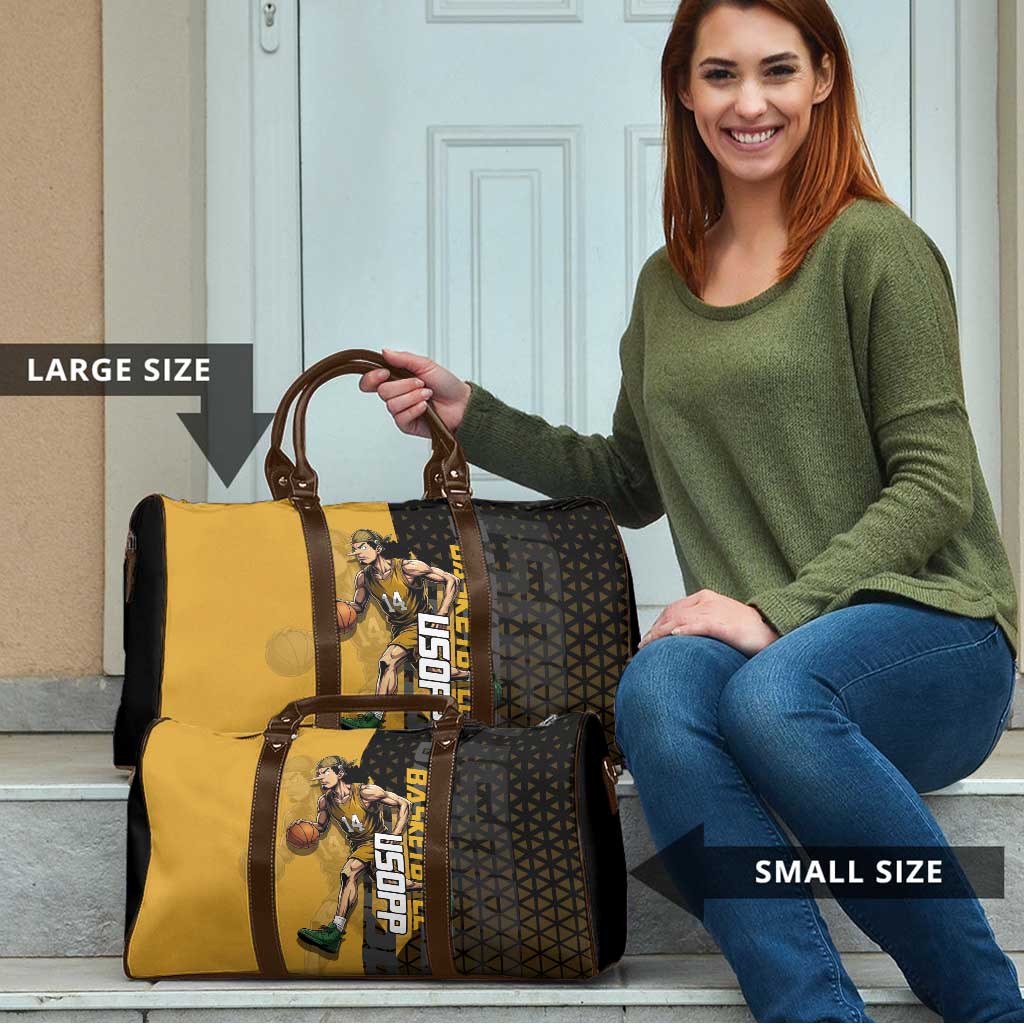 Usopp One Piece Basketball Theme Yellow and Black Design Travel Bag with Sniper Emblem and Action Pose - The Mazicc