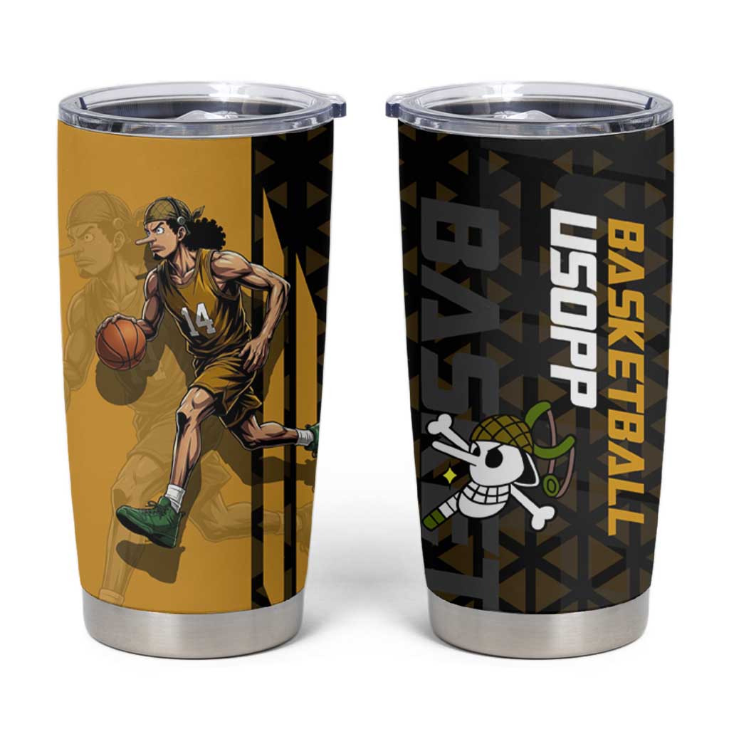 Usopp One Piece Basketball Theme Yellow and Black Design Tumbler Cup with Sniper Emblem and Action Pose - The Mazicc