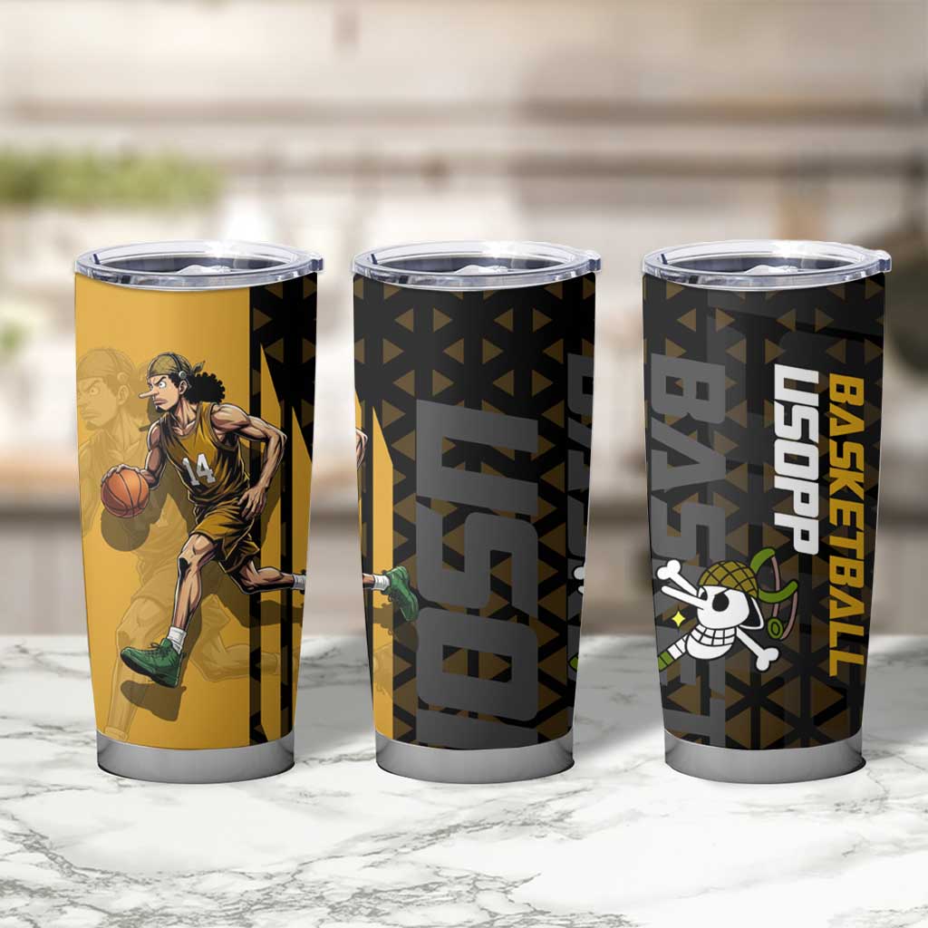 Usopp One Piece Basketball Theme Yellow and Black Design Tumbler Cup with Sniper Emblem and Action Pose - The Mazicc