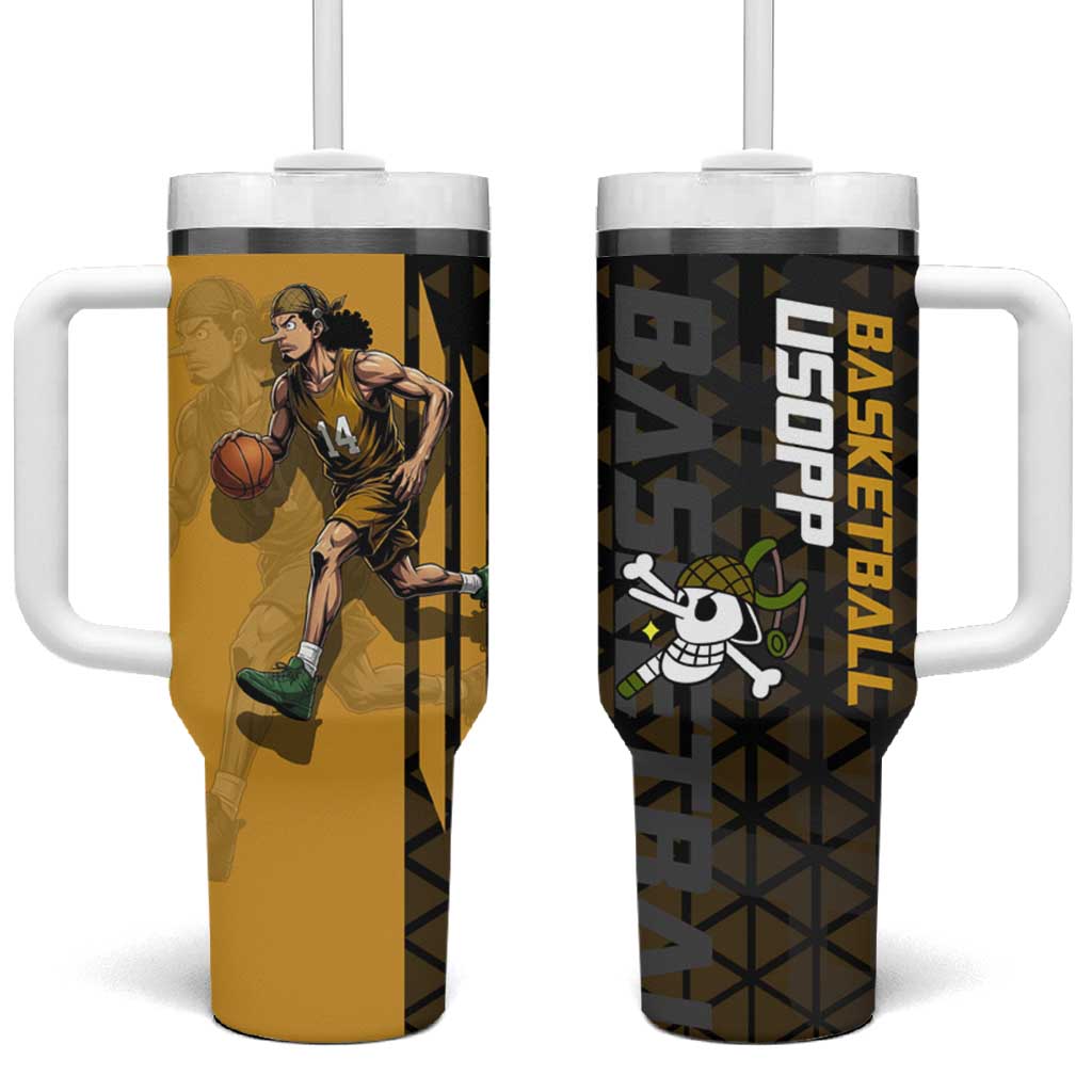 Usopp One Piece Basketball Theme Yellow and Black Design Tumbler With Handle with Sniper Emblem and Action Pose - The Mazicc