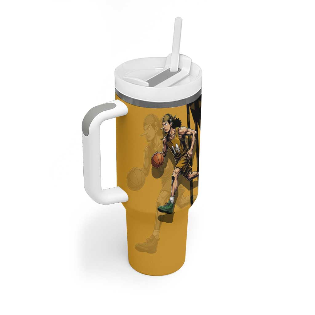 Usopp One Piece Basketball Theme Yellow and Black Design Tumbler With Handle with Sniper Emblem and Action Pose - The Mazicc
